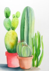 Watercolor Painting of Various Cacti in Pots