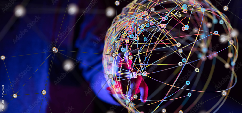 Aufkleber Global network. Blockchain. 3D illustration. Neural networks and artificial intelligence. Abstract