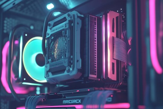 Close-up of a modern computer cooling system with colorful RGB lighting showcasing advanced technology in a high-performance gaming setup
