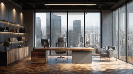 Fototapeta premium Modern Executive Office with Panoramic City View