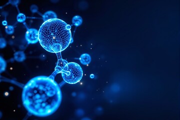 Glowing blue molecular structure with digital mesh style on a dark blue background, representing a futuristic science and technology concept. Ai generative