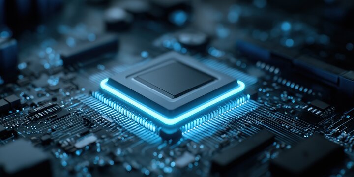 A computer chip is lit up in blue. The chip is a microprocessor