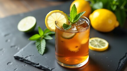 Fototapeta premium Glass of iced tea garnished with lemon slice and mint leaves, accompanied by lemon and lime wedges on a slate surface, capturing a refreshing summer beverage 