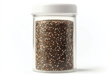 Chia seeds displayed in a clear glass jar highlighting their diverse colors and textures in a simple and elegant presentation for kitchen storage