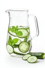 Refreshing cucumber and mint water in a clear glass pitcher on a white background during a summer afternoon