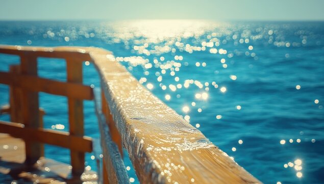 Wooden railing on a boat, sunlit sea