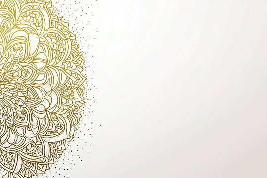Large golden mandala with detailed patterns and small dots on the left side of a white background