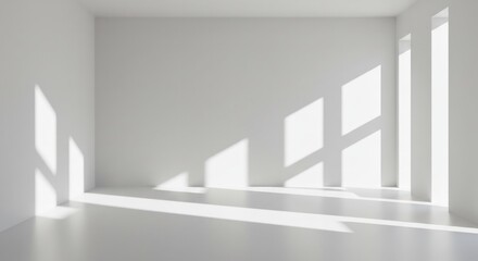 Obraz premium Serene white room illuminated by sunlight filtering through modern windows