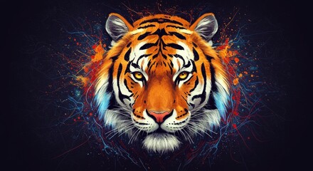 Naklejka premium Tiger emerging from a storm of vibrant paint splashes, abstractly rendered with energy lines and intense color contrast