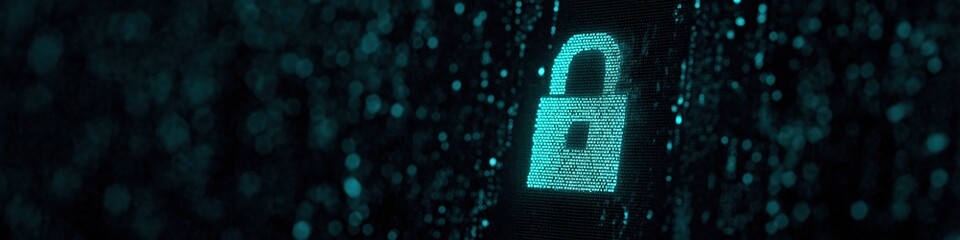 A blue screen with a lock symbol on it. The lock symbol is surrounded by a lot of dots