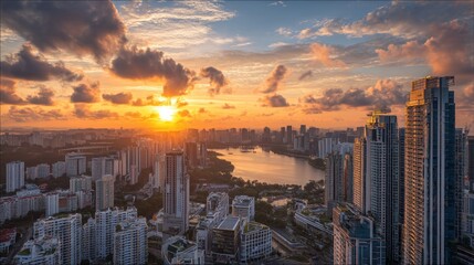 Fototapeta premium Singapore Skyline at Sunrise: A Golden Cityscape