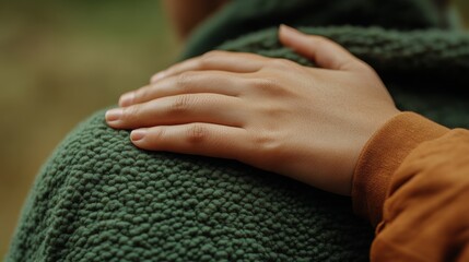 Two individuals share a moment of connection in nature with one person comforting another on a serene day outdoors
