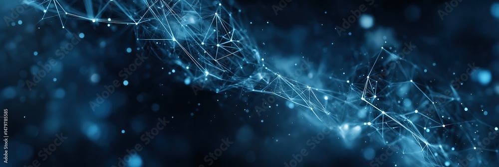 Poster a blue image of a string of lights that is blurry and has a lot of dots. the image has a futuristic 