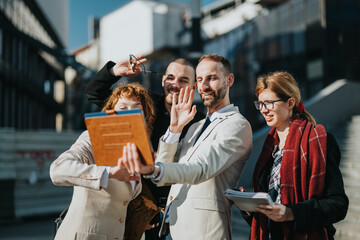 Team of professionals socializing outdoors, collaborating and enjoying a friendly and productive...