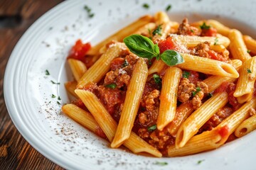 Penne Meat Sauce. Delicious Pasta with Bolognese Sauce, Meat and Cheese Topping