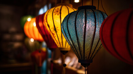 Colorful asian lanterns hanging decoration for celebration and festive season background image