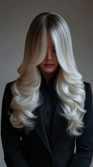 Obraz premium Beautiful blonde with incredibly long flowing white and grey ombre hair covering the entire top half of her face and not her eyes