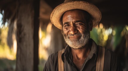 Smiling farmer with a straw hat in a rural setting highlighting the beauty of simple country life in the evening light