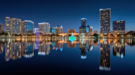 Fototapeta premium Lake Eola Park Skyline Reflection: Orlando's Dazzling Nightscape
