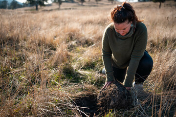 scientist researcher studying soil and forest health effects from climate change. university student research on bush soil structure and biology diversity. holding a soil sample in hand
