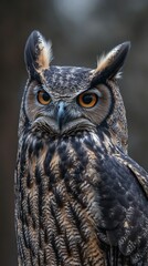 Fototapeta premium Close up portrait of a majestic owl with sharp yellow eyes.