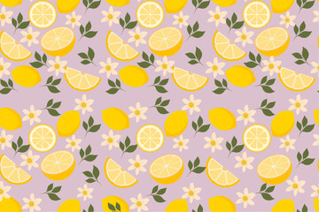  Lemon pattern with citrus fruits, flowers, and green leaves on soft purple background illustration