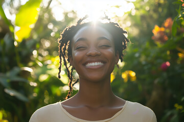 Smiling black woman enjoying sunlight in a green garden with eyes closed and a warm smile