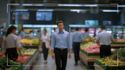 Fototapeta premium AI-powered Mock-up CCTV Shot in Supermarket: People Shopping in a Grocery Store