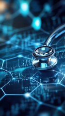 Stethoscope on futuristic digital interface showing healthcare technology and medical innovation concept close up