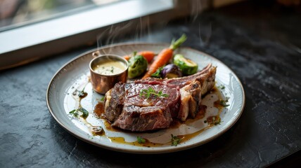 Dry aged ribeye steak with prominent marbling viewed from above on white ceramic plate with béarnaise sauce, purple carrots, Brussels sprouts and herb oil drizzle on black stone surface