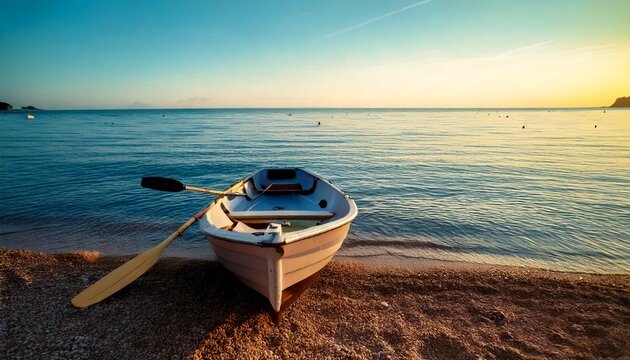 Un solitario bote con remos se encuentra en la orilla. Hermoso paisaje marino. Relajaci&oacute;n y relax junto al agua.