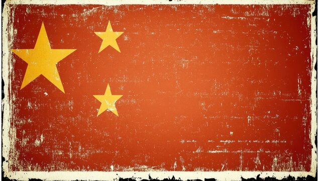 Vintage-style image of the Chinese flag, distressed and aged, showing five golden stars on a crimson background