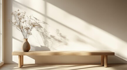 Fototapeta premium Minimalist Interior with Wooden Bench and Vase
