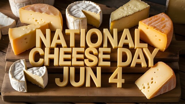 National cheese day celebration with assorted cheese varieties and wooden lettering on june 4