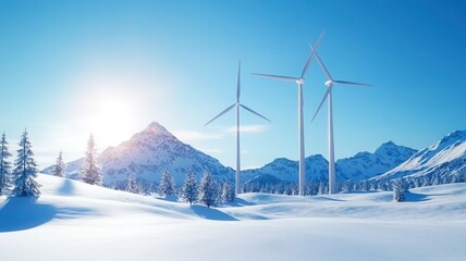 Wind turbines rising over snow dusted mountain terrain, generating renewable electricity with white peaks and azure backdrop sky