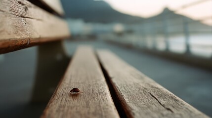 A lone ladybug rests on a wooden bench beside a blurred coastal promenade, capturing tranquil solitude.
