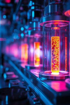 a pharmaceutical robotic lab, sterile glass walls, colorful glowing compounds being processed by multiarm machines, futuristic cleanliness and high detail