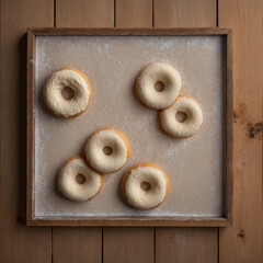 A preparation scene showing unbaked donut dough circles on a floured wooden background with subtle shine from proofing and kitchen elements in frame
