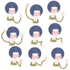 Set of hand gestures of an old lady character with glasses and dark grayish hair