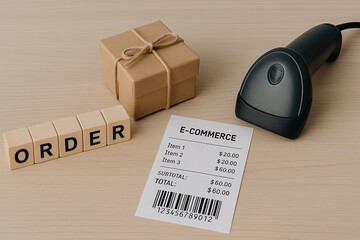 Mini parcel box beside blocks spelling 'ORDER', ecommerce receipt and barcode scanner in scene