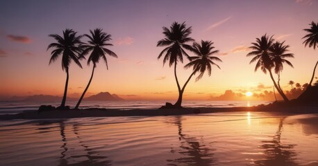 Silhouetted palm trees at sunset, tropical beach scene,  black and white,  shadows
