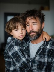 Obraz premium Close-up of a father and son embracing indoors in a warm, affectionate moment, cozy family bonding scene