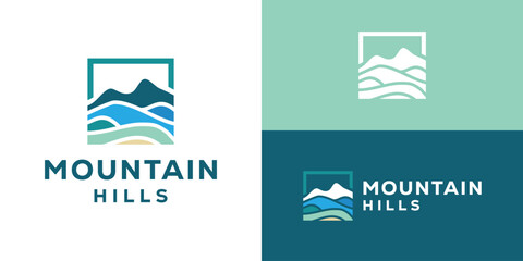 Creative simple mountain hills logo template. Mountain hills peak summit with square shape. Lanscape logo design vector illustration.