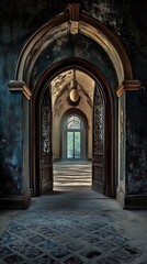 Fototapeta premium Ethereal view through arched doorway in historic manor reveals light at tunnel end