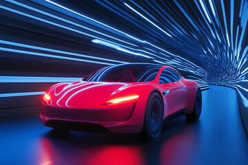 Naklejka premium Futuristic red sports car speeding through a neon-lit tunnel, showcasing dynamic motion and technology