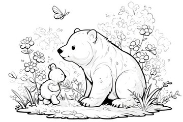 Black and white illustration of a bear and a cub in a floral setting.