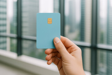 Close-up of a hand holding a modern blue contactless credit or debit card with chip, with tall city buildings in the background.

