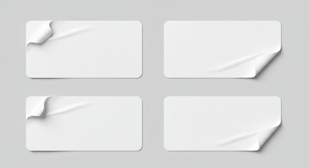 Blank rectangular label peel off corner, stickers with curled edges, white on light gray