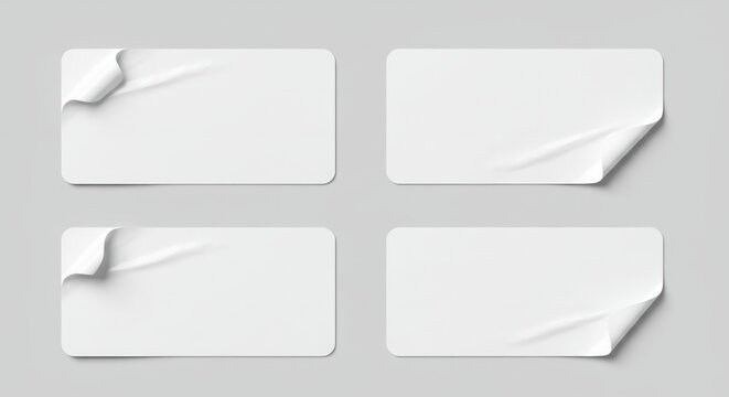 Blank rectangular label peel off corner, stickers with curled edges, white on light gray