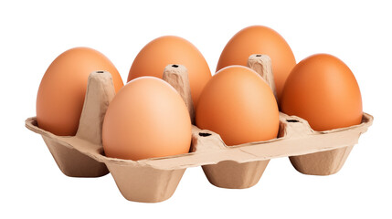 Six brown eggs in a cardboard carton on transparent background